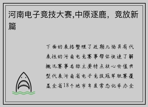 河南电子竞技大赛,中原逐鹿，竞放新篇